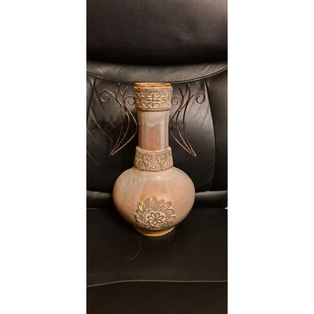 Beautiful Ceramic Vase‎ With Metal Side Handles 13.25